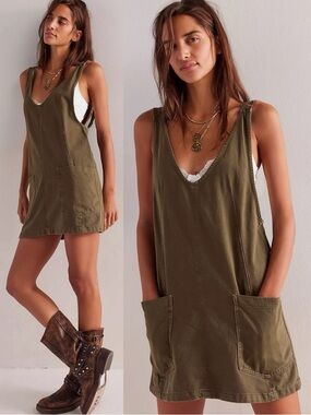 Free People High Roller Skirtall Dress in Moss Stone Army Green Size Large NWT